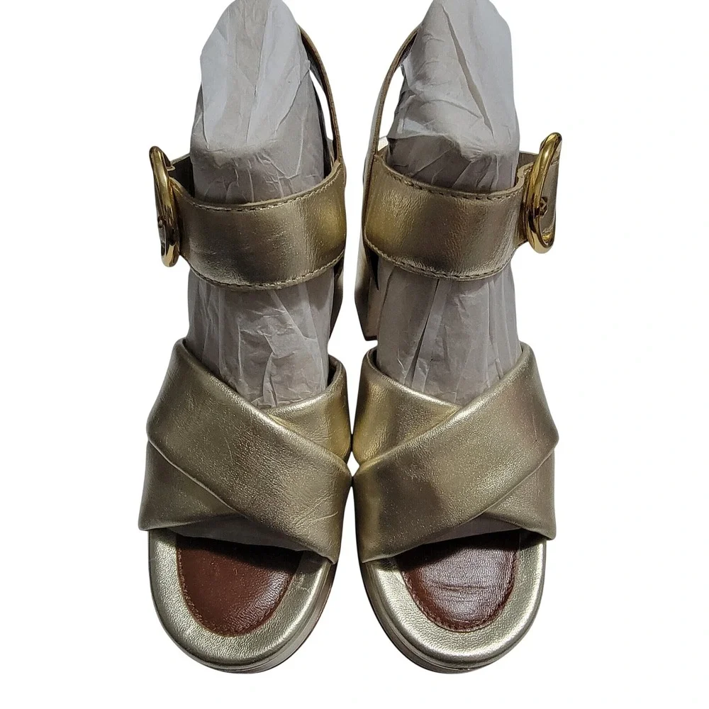See By Chloe Gold Metallic Leather Platform Block Heel Sandals Sz 40 NWOB Party
